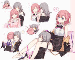  ! 2girls absurdres asta_(honkai:_star_rail) bare_shoulders black_footwear black_jacket black_ribbon black_straps braid closed_eyes closed_mouth collar grey_hair high_heels highres holding holding_clothes holding_footwear honkai:_star_rail honkai_(series) hug jacket long_sleeves looking_back medium_hair multiple_girls multiple_views musical_note one_side_up pink_hair pink_shirt ribbon shirt simple_background sleepy sleeveless sleeveless_shirt smile spoken_musical_note squeans stelle_(honkai:_star_rail) thigh_strap trailblazer_(honkai:_star_rail) white_collar white_shirt yajuu yellow_eyes yuri zzz 