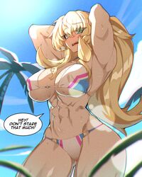  abs absurdres armpits arms_behind_head arms_up ass_visible_through_thighs bare_shoulders barghest_(fate) barghest_(swimsuit_archer)_(fate) barghest_(swimsuit_archer)_(final_ascension)_(fate) biceps bikini blonde_hair blue_sky breasts cleavage english_text fate/grand_order fate_(series) female green_eyes highres hyperbudd large_breasts long_hair looking_at_viewer multicolored_bikini multicolored_clothes muscular muscular_female navel open_mouth palm_tree ponytail sky solo speech_bubble sweat swimsuit thick_thighs thighs tree white_bikini 