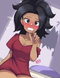  ? artist_name black_eyes black_hair blush breasts caulifla cleavage dark-skinned_female dark_skin dragon_ball dragon_ball_super embarrassed female flying_sweatdrops highres kale_(dragon_ball) long_shirt messy_hair navietta nose_blush red_shirt shadow shirt sitting solo_focus 