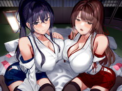  2girls arm_under_breasts bare_shoulders black_thighhighs blue_eyes blue_hair blue_skirt blush breasts breath brown_hair cleavage closed_mouth collarbone commentary_request condom condom_wrapper detached_sleeves indoors large_breasts long_hair long_sleeves looking_at_viewer multiple_girls neropaso open_mouth original red_skirt sidelocks skirt thighhighs 