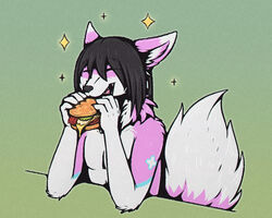  anthro black_hair black_nose burger canid canine eating eating_food food fox fur hair inner_ear_fluff male mammal neck_tuft norii pink_body pink_fur shadarrius simple_background solo sparkles tuft 