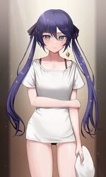  black_panties breasts closed_mouth cowboy_shot earrings female genshin_impact green_eyes holding holding_own_arm holding_pillow jewelry light_frown long_hair looking_at_viewer mona_(genshin_impact) moth1 no_pants panties pillow purple_hair shirt short_sleeves single_earring solo thighs twintails underwear very_long_hair white_shirt 