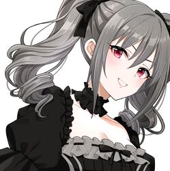  absurdres black_bow black_choker black_dress black_ribbon bow breasts choker cleavage clenched_teeth collarbone commentary_request dress drill_hair eyelashes female frilled_choker frilled_dress frills gothic_lolita grey_hair hairbow head_tilt highres idolmaster idolmaster_cinderella_girls juliet_sleeves kanzaki_ranko light_blush lolita_fashion long_sleeves looking_at_viewer looking_to_the_side medium_bangs medium_breasts medium_hair open_mouth popon_ta puffy_sleeves red_eyes ribbon sidelocks simple_background smile solo standing striped_clothes striped_dress teeth twin_drills upper_body vertical-striped_clothes vertical-striped_dress white_background 