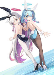  2girls alternate_costume animal_ear_hairband animal_ears arona_(blue_archive) black_footwear black_hairband black_leotard black_pantyhose blue_archive blue_eyes blue_hair blue_leotard braid colored_inner_hair commentary_request fake_animal_ears flat_chest grey_eyes hairband halo high_heels highres legs leotard long_hair multicolored_hair multiple_girls pantyhose pink_hair plana_(blue_archive) playboy_bunny rabbit_ears short_hair single_braid strapless strapless_leotard sunga2usagi white_footwear white_hair white_pantyhose 