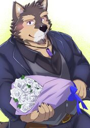  absurd_res anthro blush bouquet brown_body brown_fur canid canine canis clothing domestic_dog fur hi_res jewelry lifewonders live_a_hero male mammal muscular muscular_anthro muscular_male nazebesu_hobby necklace pubraseer solo suit 