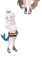  2girls bare_legs black_shorts blue_eyes blue_hair clothes_writing ebi-chan_(gawr_gura) fins fish_on_head fish_tail full_body gawr_gura hair_ornament highres hololive hololive_english hololive_summer_2023_swimsuit kani_fish long_hair looking_at_another midriff multicolored_hair multiple_girls nanashi_mumei official_alternate_costume open_mouth sandals shark_girl shark_tail shirt short_shorts short_sleeves shorts shrimp simple_background smile standing streaked_hair t-shirt tail toeless_footwear toes two_side_up very_long_hair virtual_youtuber white_background white_hair white_shirt 