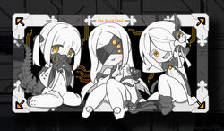  3girls absurdres arms_up black_tail blue_archive blush chaki_(teasets) coat colored_skin covered_eyes doll_joints dress ein_(blue_archive) extra_pupils hair_over_one_eye highres index_finger_raised joints knee_up knees_up long_hair long_sleeves mechanical_hands mechanical_tail multiple_girls navel oerba_yun_fang ohr_(blue_archive) open_mouth respirator sitting skin_fang smile sof_(blue_archive) symbol-shaped_pupils tail twintails wariza white_coat white_dress white_hair white_skin wide_sleeves x-shaped_pupils x_fingers yellow_eyes 