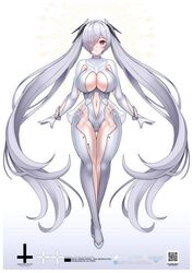  armpit_cutout ass_visible_through_thighs blush bodysuit breasts character_name cinderella_(nikke) cleavage_cutout clothing_cutout expressionless female full_body goddess_of_victory:_nikke hair_over_one_eye headgear kuronekozero large_breasts long_hair navel navel_cutout one_eye_covered qr_code red_eyes revealing_clothes see-through see-through_skirt skirt solo standing twintails very_long_hair white_bodysuit white_hair 