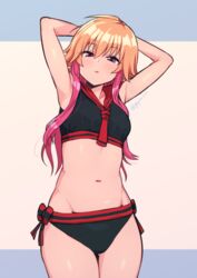  armpits arms_behind_head bikini black_bikini blue_background commentary_request female gojarun highres idolmaster idolmaster_cinderella_girls long_hair looking_at_viewer midriff multicolored_hair navel ninomiya_asuka orange_hair pink_background purple_eyes red_hair solo standing swimsuit thighs twitter_username two-tone_background two-tone_hair 