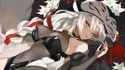  bare_shoulders bell black_nails braid braided_ponytail breasts bridal_gauntlets commission covered_navel crossed_bangs earrings female flower hair_ribbon highres hood indie_virtual_youtuber jewelry k_(art71) leotard long_hair neck_bell niyakami_(vtuber) o-ring red_ribbon ribbon see-through see-through_leotard skeb_commission solo virtual_youtuber white_flower yellow_eyes 