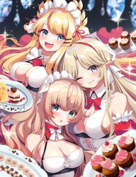  3girls aisu_(i_ce_pinon_pino) aqua_eyes azur_lane bare_shoulders bird blonde_hair blue_eyes blush bow bowtie breasts brest_(azur_lane) candy checkerboard_cookie cherry chick chocolate cleavage commission cookie cupcake dress food frilled_dress frilled_headwear frills fruit hair_ornament hairband hairclip heart heart-shaped_chocolate highres holding holding_plate howe_(azur_lane) large_breasts long_hair looking_at_viewer manjuu_(azur_lane) multiple_girls one_eye_closed open_mouth parted_bangs parted_lips plate pointy_ears red_bow red_bowtie red_hairband skeb_commission smile swept_bangs upper_body victorious_(azur_lane) white_bow white_bowtie white_dress 