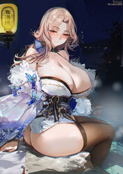  areola_slip ass bare_shoulders blonde_hair breasts brown_thighhighs cleavage closed_mouth commentary english_commentary female from_behind goddess_of_victory:_nikke highres japanese_clothes large_areolae large_breasts long_hair looking_at_viewer looking_back ludmilla_(nikke) ludmilla_(winter_owner)_(nikke) misaka_12003-gou night official_alternate_costume outdoors parted_bangs red_eyes smile solo thighhighs thighs 