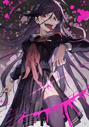  :d aoki_(fumomo) black_hair black_shirt black_thighhighs blood danganronpa:_trigger_happy_havoc danganronpa_(series) female fukawa_toko genocider_shou glasses gradient_background grey_background hair_ornament hairclip highres holding holding_scissors long_hair long_tongue messy_hair neckerchief pink_blood pleated_skirt round_eyewear sailor_collar scissors shirt skirt smile solo teeth thighhighs tongue tongue_out torn_clothes torn_neckerchief torn_skirt upper_teeth_only white_sailor_collar 