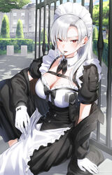  apron black_jacket breasts castle cigarette cleavage commentary_request detached_collar female gloves highres jacket kfr large_breasts lips long_hair looking_at_viewer maid maid_apron maid_headdress original outdoors parted_bangs red_eyes sitting smoking solo white_apron white_gloves white_hair 