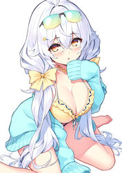  ahoge between_legs bikini blue_jacket bow breasts cleavage cu-no eyewear_on_head female frilled_bikini frills front-tie_bikini_top front-tie_top hair_over_shoulder hairbow hand_between_legs highres hisen_kaede jacket jewelry large_breasts long_hair long_sleeves looking_at_viewer low_twintails necklace off_shoulder open_clothes open_jacket parted_lips rapua_qive simple_background sitting solo string_bikini sunglasses swimsuit thighs twintails very_long_hair wariza white_background white_hair yellow_bikini yellow_eyes 