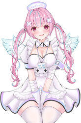  absurdres amane_kanata amane_kanata_(cosplay) amane_kanata_(nurse) anchor_symbol angel_wings armband bandaged_arm bandages between_legs blue_hair blush breasts cleavage commentary_request cosplay detached_collar dress feathered_wings female frills gloves hair_ornament hand_between_legs hat highres hololive id_card lanyard long_hair medium_breasts minato_aqua multicolored_hair nurse nurse_cap open_mouth oyuharu pink_eyes pink_hair puffy_short_sleeves puffy_sleeves short_sleeves sidelocks simple_background single_hair_intake smile solo streaked_hair sweatdrop thighhighs twintails virtual_youtuber white_background white_dress white_gloves white_thighhighs white_wings wings x_hair_ornament 