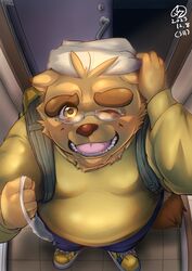  2023 absurd_res anthro backpack blush bottomwear brown_body canid canine clothing detailed_background eyewear glasses hat headgear headwear hi_res humanoid_hands kemono kounosuke_(morenatsu) male mammal mesidukainumaru morenatsu one_eye_closed overweight overweight_male pants raccoon_dog shirt solo tanuki topwear wink 