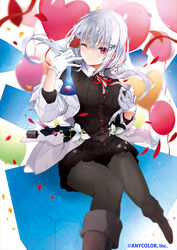  balloon black_cardigan black_footwear black_pantyhose black_skirt blurry cardigan commentary_request confetti copyright_name depth_of_field female gloves hair_ornament hairpin hakase_fuyuki hakase_fuyuki_(1st_costume) hand_up heart_balloon highres holding holding_test_tube jacket long_sleeves looking_at_viewer low_twintails neck_ribbon nijisanji one_eye_closed pantyhose rectangle red_eyes red_ribbon ribbon shirt simple_background sitting sitting_on_object skirt snowflake_print solo test_tube twintails vane_(vane0) virtual_youtuber white_background white_gloves white_hair white_jacket white_shirt 