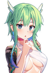  blue_hair blush breasts chestnut_mouth choker colored_inner_hair commentary criss-cross_halter female finger_to_own_chin fuuko_(sennen_sensou_aigis) green_eyes green_hair halterneck horns kibanda_gohan looking_at_viewer medium_breasts medium_hair multicolored_hair open_mouth red_choker revealing_clothes sennen_sensou_aigis sidelocks simple_background solo underboob upper_body white_background 