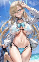  alternate_costume asuna_(blue_archive) beach bikini black_choker blue_archive blue_bikini blue_eyes blue_halo blue_sky blush breasts choker cleavage commentary female hair_between_eyes hair_ornament hair_over_one_eye halo highres himonoata large_breasts light_brown_hair long_hair long_sleeves looking_at_viewer navel ocean outdoors oversized_clothes oversized_shirt school_uniform see-through see-through_shirt shirt skirt sky smile solo stomach string_bikini swimsuit teeth underboob very_long_hair wet wet_clothes wet_shirt 