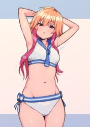  armpits arms_behind_head bikini blue_background commentary_request female gojarun highres idolmaster idolmaster_cinderella_girls long_hair looking_at_viewer midriff multicolored_hair navel ninomiya_asuka orange_hair pink_background purple_eyes red_hair solo standing swimsuit thighs twitter_username two-tone_background two-tone_hair white_bikini 