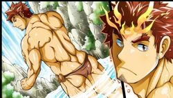  1boy bara bathing black_border bombom border brown_male_swimwear facial_hair fafnir_(f-kare) feet_out_of_frame fire forked_eyebrows from_behind game_cg goatee_stubble heterochromia long_sideburns male_focus male_swimwear multiple_views muscular muscular_male official_art red_eyes red_hair short_hair shoukan_yuusha_to_f-kei_kareshi sideburns stubble thick_eyebrows topless_male wading water water_drop waterfall yellow_eyes 