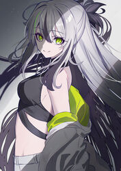  bare_shoulders black_hair black_shirt breasts crop_top cropped_shirt fate/grand_order fate_(series) female green_eyes green_jacket hair_between_eyes jacket long_hair long_sleeves looking_at_viewer medium_breasts midriff multicolored_clothes multicolored_hair multicolored_jacket nagao_kagetora_(fate) neko_daruma off_shoulder open_clothes open_jacket shirt shorts sidelocks sleeveless sleeveless_shirt smile solo two-tone_hair two-tone_jacket uesugi_kenshin_(fate) uesugi_kenshin_(second_ascension)_(fate) very_long_hair white_hair white_jacket white_shorts 