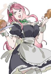  anti-eyebrow_piercing apron black_dress breasts chicken_(food) cowboy_shot dress female food green_ribbons holding holding_food holding_plate jewelry_bonney long_hair looking_at_viewer maid maid_apron maid_headdress neck_ribbon one_piece open_mouth piercing pink_hair pink_nails plate purple_eyes raine_(acke2445) ribbon short_sleeves sidelocks simple_background smoke solo swept_bangs thighhighs white_background wrist_cuffs 