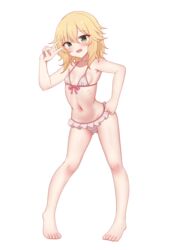  absurdres ass_visible_through_thighs bare_legs barefoot bikini blonde_hair blush breasts collarbone commentary_request female firli_(ard) frilled_bikini frills full_body green_eyes hair_between_eyes hand_on_own_hip highres idolmaster idolmaster_cinderella_girls idolmaster_cinderella_girls_u149 looking_at_viewer micro_bikini navel open_mouth sakurai_momoka short_hair simple_background small_breasts solo standing stomach swimsuit v white_background 