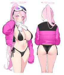  ass back bikini black_bikini blue_archive blush breasts cameltoe cleavage commentary cowboy_shot cropped_legs eimi_(blue_archive) eimi_(swimsuit)_(blue_archive) female goggles goggles_on_head halo high_ponytail jacket large_breasts long_hair long_sleeves looking_at_viewer multiple_views navel official_alternate_costume open_clothes open_jacket pink_hair pink_halo pink_jacket popqn purple_eyes scarf side-tie_bikini_bottom sideboob sidelocks simple_background ski_goggles standing stomach swimsuit thighs turnaround white_background white_scarf 