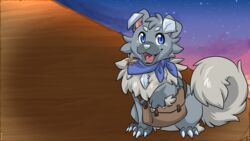  16:9 2023 ambiguous_gender bag bandana bandanna_on_neck blue_body blue_eyes blue_fur canid canine dart_(starlight) fangs feral fur generation_7_pokemon hi_res kerchief mammal nintendo open_mouth pokemon pokemon_(species) rockruff shiny_pokemon starlight_new_dawn_scar starwolfskin tan_body tan_fur teeth widescreen zgf_gaming 