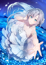  armlet beckoning blue_eyes blue_flower blue_theme blush bracelet breasts cleavage copyright_notice cross-laced_clothes dress earrings falling_petals female field fingernails flower flower_field full_body grey_hair hair_between_eyes hair_flower hair_ornament hand_in_own_hair high_heels highres jewelry knees_up large_breasts layered_dress long_hair mole mole_under_eye mountain necklace nemophila_(flower) night official_art okeno_kamoku open_hand outdoors outstretched_arm parted_lips petals riot_music see-through see-through_dress sidelocks sky smile solo star_(sky) starry_sky strapless strapless_dress sumeragi_miona virtual_youtuber white_dress white_flower white_footwear 