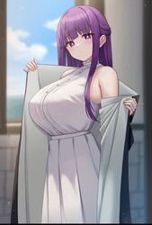  blush breasts bright_pupils dress female fern_(sousou_no_frieren) half_updo highres huge_breasts looking_at_viewer mijikayo outdoors pleated_dress purple_eyes purple_hair robe sleeveless sleeveless_dress solo sousou_no_frieren two-sided_robe undressing white_dress white_pupils 