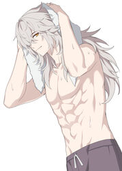  1boy abs closed_mouth grey_hair grey_pants hair_over_one_eye highres holding holding_towel honkai:_star_rail honkai_(series) jiman jing_yuan long_hair male_focus muscular muscular_male no_nipples pants solo topless_male towel yellow_eyes 