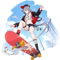  animal animal_charm bird black_footwear black_jacket black_shorts black_sleeves blue_sky breasts building cloud commentary day english_text eyeliner female fishnets fu_hua fu_hua_(herrscher_of_sentience) grey_hair hair_between_eyes hat honkai_(series) honkai_impact_3rd incredibly_infinite_intimidator jacket jingwei_(bird) long_hair makeup multicolored_hair navel official_art open_hands outdoors red_eyeliner red_eyes shorts skateboard skateboarding sky small_breasts solo streaked_hair third-party_source transparent_background white_hair yellow_eyes 