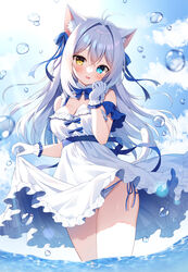  :d aina_rive animal_ear_fluff animal_ears antenna_hair blue_bow blue_eyes blue_panties blush bow breasts bubble cat_ears cat_girl cat_tail cleavage clothes_lift collar commentary crossed_bangs double-parted_bangs dress dress_lift empire_waist female frilled_collar frilled_dress frilled_gloves frilled_panties frills gloves hair_between_eyes hair_intakes hairbow head_tilt heterochromia highres lifting_own_clothes long_hair looking_at_viewer mauve medium_breasts original panties side-tie_panties skirt_hold smile solo symbol-only_commentary tail thighs underwear wading white_dress white_hair yellow_eyes 