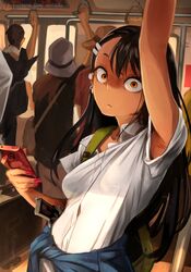  1girls arm_up armpit_fetish armpits backpack bag black_hair blush blushing blushing_at_viewer brown_eyes cellphone clothed clothing electronics female firearm gun handgun hayase_nagatoro holding_object human khyleri long_hair looking_annoyed looking_at_viewer peeping phone please_don&#039;t_bully_me,_nagatoro public red_nails revealing_clothes school_uniform schoolgirl_uniform small_breasts tan tan_skin weapon 