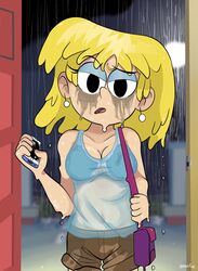  1girls 2022 bag belly_button bra_visible_through_clothes breasts earrings front_view grabbing grumpy looking_at_viewer lori_loud messy nickelodeon raining shorts signature smartphone solo solo_female tagme_(artist) tanktop the_loud_house wet wet_clothes 