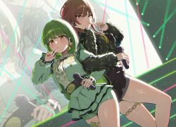  2girls aketa_mikoto back-to-back black_shirt blue_eyes blush bob_cut breasts brown_hair commentary cowboy_shot earpiece earrings finger_to_mouth frilled_jacket frilled_shirt frills fur_jacket gradient_eyes green_hair green_jacket green_nails green_shorts green_skirt grey_skirt height_difference highres holding holding_microphone idolmaster idolmaster_shiny_colors jacket jewelry locked_arms long_hair looking_at_viewer medium_breasts medium_hair microphone multicolored_eyes multicolored_hair multiple_girls nanakusa_nichika red_eyes red_hair red_nails shirt shorts skirt stage sweat symbol-only_commentary thigh_strap wanimaru white_shirt yellow_eyes 