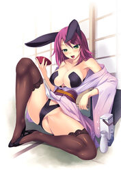  2011 alcohol amei_sumeru animal_ears bad_id bad_pixiv_id black_thighhighs blush breasts cleavage covered_nipples female green_eyes high_heels highres huge_breasts long_hair open_mouth original purple_hair rabbit_ears rabbit_girl sake shoes smile solo spread_legs thighhighs 