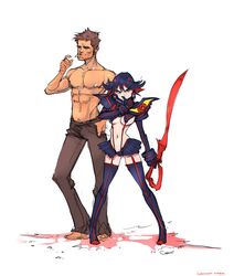  1boy abs barefoot black_footwear black_hair black_thighhighs boots breasts cigarette crossover darren_geers elbow_gloves facial_hair female fight_club gloves height_difference highres horns kill_la_kill matoi_ryuuko medium_breasts microskirt multicolored_hair navel pants red_hair revealing_clothes scissor_blade_(kill_la_kill) senketsu showgirl_skirt signature skirt stubble suspenders thigh_boots thighhighs topless_male two-tone_hair tyler_durden underboob 