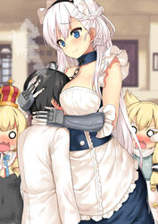  1boy 3girls age_difference animal_ears azur_lane b-ginga belfast_(azur_lane) blonde_hair blue_eyes blunt_bangs blush bow braid breast_smother breasts chains cleavage closed_mouth collar collarbone commander_(azur_lane) commentary_request crown detached_collar detached_sleeves dress embarrassed eyebrows face_to_breasts french_braid gloves hair_between_eyes hair_ornament hairband hairbow large_breasts little_boy_commander_(azur_lane) long_hair long_sleeves maid maid_headdress multiple_girls nose_blush o_o open_mouth peeking_through_fingers purple_eyes queen_elizabeth_(azur_lane) scarf sidelocks smile straight strapless sweatdrop v-shaped_eyebrows warspite_(azur_lane) wavy_mouth white_hair white_scarf 