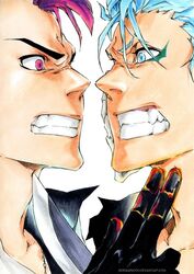  2boys arrancar bazz-b bleach blue_eyes blue_hair character_request clenched_teeth eye_contact facial_mark gloves grimmjow_jaegerjaquez looking_at_another multiple_boys pink_eyes pink_hair quincy quincy_(bleach) sideburn004 sword teeth weapon 