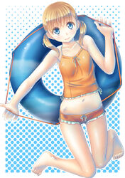  1cm bare_shoulders barefoot blonde_hair blue_eyes commentary_request female innertube legs navel original polka_dot polka_dot_background short_hair smile solo swim_ring swimsuit twintails 