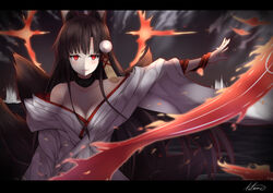  akagi_(azur_lane) akagi_(deep_crimson_poppy)_(azur_lane) animal_ears aura azur_lane black_choker black_hair breasts choker cleavage cloud cloudy_sky collarbone commentary_request female flight_deck fox_ears fox_tail hair_ornament highres horizon japanese_clothes jewelry kimono kitsune long_hair looking_at_viewer medium_breasts multiple_tails ocean official_alternate_costume parted_lips red_eyes ring sky smile solo sparkle tail tatsuno_(saya-tatsuno) uchikake wedding_ring 