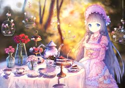  black_hair blue_eyes blunt_bangs blurry bonnet bottle bow cage cake cake_slice cake_stand commentary cup cupcake dress female flower food frills glass hair_ornament joshu_7 layered_dress lolita_fashion long_hair long_sleeves maho_(princess_connect!) maho_(real)_(princess_connect!) no_mouth outdoors pastry pink_dress pink_flower plate princess_connect! red_flower reflection rose saucer shadow solo spoon sweets table tablecloth tea_party teacup teapot tiered_tray vase very_long_hair water wide_sleeves x_hair_ornament 