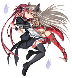  2girls airi_(queen&#039;s_blade) airi_(the_infernal_temptress) aldra_(queen&#039;s_blade) angry apron arm_behind_back belt belt_bra black_legwear blue_eyes blush breasts buckle commentary_request eyepatch fire frills glaring highres kissing long_hair maid maid_headdress medium_breasts multiple_girls queen&#039;s_blade queen_aldra red_eyes red_hair shirosame silver_hair thighhighs yuri zettai_ryouiki 