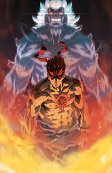  abs aura dark_skin dark_skinned_male dougi electricity evil_ryuu fire glowing glowing_eyes headband highres hole_in_chest injury jeffrey_cruz kuruoshiki_oni multiple_boys muscle purple_skin red_eyes red_hair scar shirtless spiked_hair street_fighter street_fighter_iv_(series) white_hair 