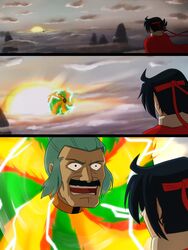  2boys black_hair braid cape choukyuu_haou_den&#039;eidan cloud commentary domon_kasshu facial_hair from_behind g_gundam grey_hair gundam headband highres male_focus master_asia migo moustache multiple_boys scenery sunrise 