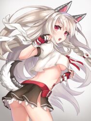  animal_ears ass azur_lane blue_nails braid breasts claw_pose commentary_request fake_animal_ears fangs female fingerless_gloves frilled_skirt frills gloves highres kon_(k0n16) long_hair looking_at_viewer medium_breasts midriff multicolored_nails nail_art nail_polish one_side_up open_mouth orange_nails paw_hair_ornament pink_nails pleated_skirt red_eyes school_uniform serafuku single_braid skirt solo tail tattoo underboob white_hair wolf_tail yuudachi_(azur_lane) 